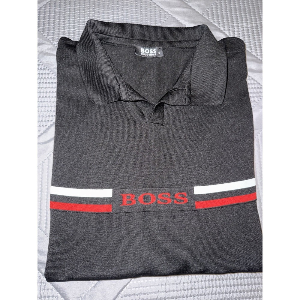Hugo Boss Polo Shirt Small Black Red‎ White Stripe Logo Slim Fit Made in Turkey